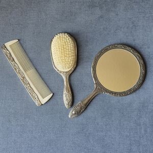 Vintage Vanity Set Mirror Brush Comb Silver Plated Ornate Floral